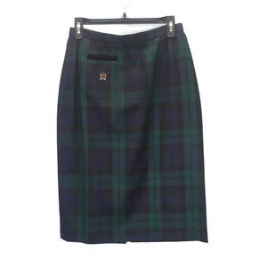 Vintage Y2K Tommy Hilfiger Plaid Pencil Skirt Crest Logo 90s Size 8 Wool Navy